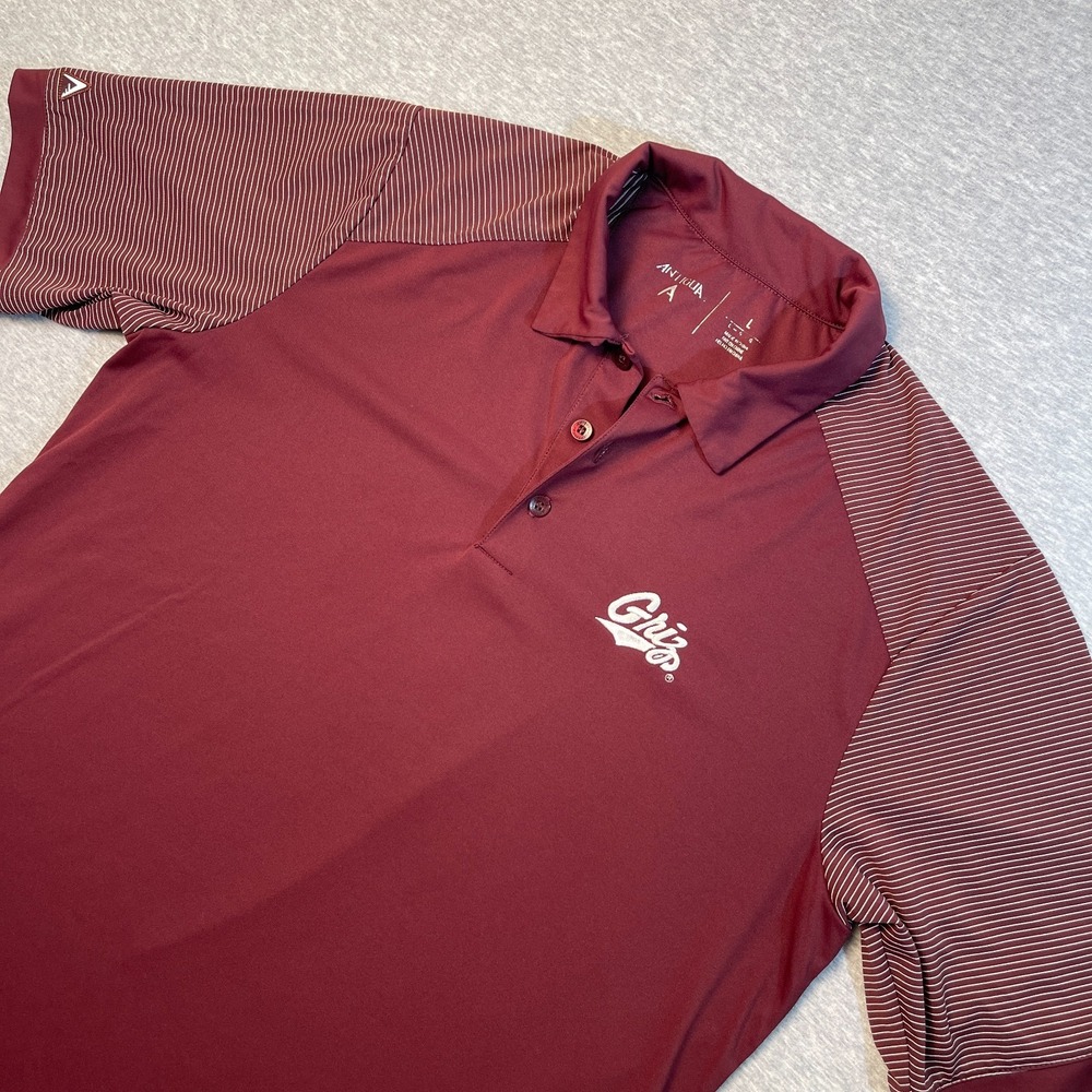 Antigua Golf Shirt Mens Large L Maroon Striped Performance Polo Montana Grizzlie